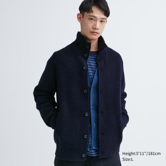 UNIQLO Men's Soufflé Yarn Grandad Collar Cardigan Size XL In Navy - Picture 1 of 7
